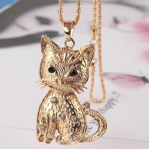 Gold Plated Crystal Eyes Cat Necklace