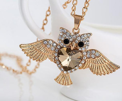 Crystal Gem Heart Owl Necklace