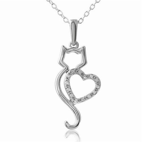 Crystal Diamond Heart Cat Necklace