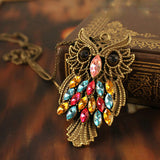 Antique Colorful Rhinestone Owl Necklace